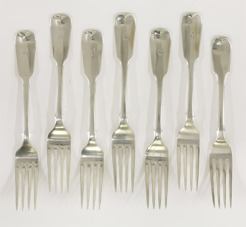 Lot 204 - A set of six Victorian Scottish silver fiddle pattern table forks
