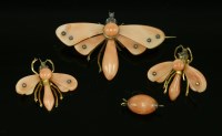 Lot 317 - A Victorian carved coral and diamond set brooch and earring suite in the form of moths