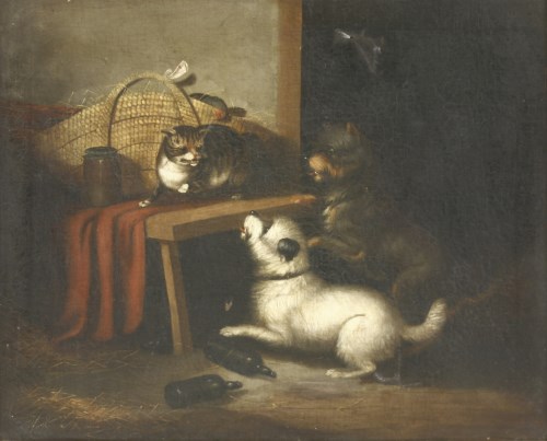 Lot 244 - Circle of George Armfield (1810-1893)
TERRIERS CORNERING A CAT IN A BARN
Oil on canvas
51 x 61cm
