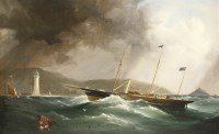 Lot 259 - Captain John Haughton-Forrest (1826-1925)
'COWES' - A STEAM AND SAIL LAUNCH PASSING A LIGHTHOUSE IN A CHOPPY SEA
Signed and inscribed l.l.