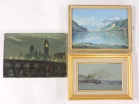 Lot 403 - L... Oroney
SHIPPING ON A RIVER
Signed oil on board
15 x 25cm
English School
LONDON BRIDGE WITH BIG BEN BEYOND
Oil on canvas 
25.5 x 35.5cm
... Bruzal?
A MOUNTAIN LAKE
Signed