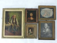 Lot 433 - 19th century Continental School
SLEEPING PEASANT
Oil on canvas
49 x 34cm;
and four further Victorian pictures and prints