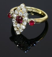 Lot 398 - A late Victorian ruby and diamond marquise shaped cluster ring