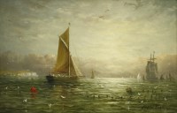 Lot 350 - Adolphus Knell (fl.1860-1890)   
SHIPPING OFF THE COAST AT SUNSET
Signed l.r.