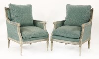 Lot 493 - A pair of reproduction grey painted bergère armchairs