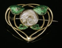 Lot 3 - An Arts and Crafts blister pearl and enamel gold rose brooch