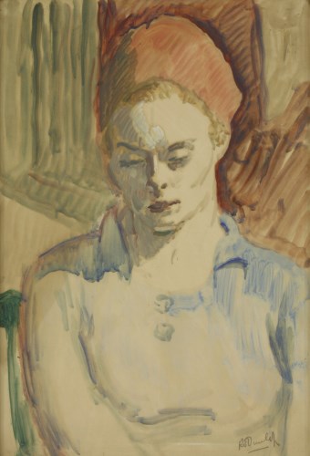 Lot 306 - Ronald Ossory Dunlop RA (1894-1973)
PORTRAIT OF A WOMAN IN A BLUE BLOUSE AND RED HEADSCARF
Signed l.r.