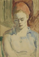 Lot 306 - Ronald Ossory Dunlop RA (1894-1973)
PORTRAIT OF A WOMAN IN A BLUE BLOUSE AND RED HEADSCARF
Signed l.r.