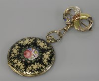 Lot 7 - A gold Swiss enamel fob watch and figure of eight brooch pin