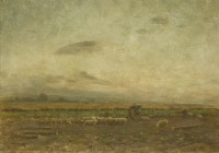 Lot 297 - William Darling McKay RSA (1844-1924) 
A LANDSCAPE WITH A FIGURE AND SHEEP AT DUSK 
Signed with initials l.l.