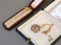 Lot 212 - An amethyst and cultured pearl gold cluster pendant