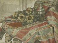 Lot 123 - Ithell Colquhoun (1906-1988)
STILL LIFE OF SUNFLOWERS AND BOTTLES ON A STRIPED CLOTH
Signed and dated 1937 l.l