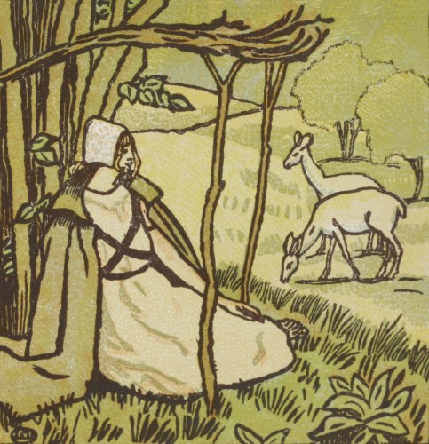 Lot 73 - Lucien Pissarro (1863-1944)
A GIRL SEATED BENEATH A TREE WITH TWO DOE GRAZING
Wood engraving in colour