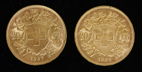 Lot 120 - Two Swiss 20 franc gold coins