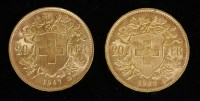 Lot 120 - Two Swiss 20 franc gold coins