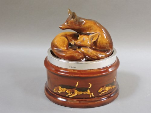 Lot 218 - A Royal Doulton 'Kingsware' silver mounted tobacco jar and cover