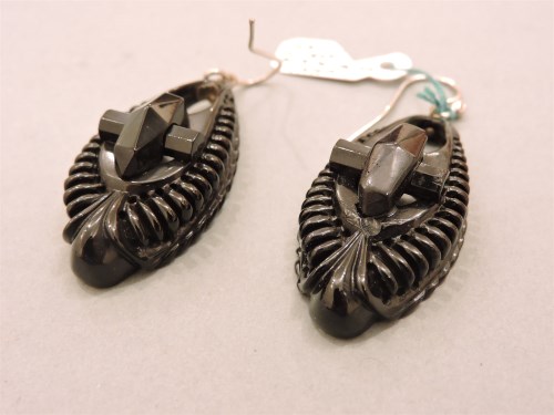 Lot 23 - A pair of Victorian Whitby jet pendant earrings