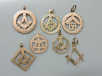 Lot 73 - Five 9ct gold Masonic pendants