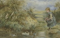 Lot 197 - After Myles Birket Foster
CHILDREN FISHING FROM A LOG BENCH;
A GIRL FISHING WITH DUCKS
Two