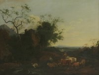 Lot 221 - Manner of Phillippe Jacques de Loutherbourg 
A FIGURE DRIVING CATTLE AND SHEEP BY A RIVER AND RUINS 
Oil on canvas 
58 x 73cm