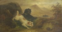 Lot 270 - Attributed to J Langlois (19th century)
TWO TERRIERS AT A RABBIT BURROW
Oil on canvas
25 x 44cm