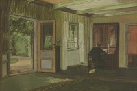 Lot 244 - Follower of Vilhelm Hammershoi 
AN INTERIOR WITH A MAN WRITING AT A BUREAU
Bears initials l.r.