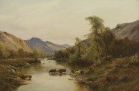 Lot 256 - Alfred de Breanski Snr. (1852-1928)
A HIGHLAND RIVER LANDSCAPE WITH CATTLE WATERING AND A FIGURE WITH HIS DOG ON A PATH
Signed l.r.