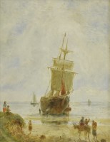 Lot 217 - William Joseph Julius Caesar Bond (1833-1926)
A COASTAL SCENE WITH A BEACHED VESSEL AND CHILDREN WITH A DONKEY
Signed l.l.