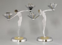 Lot 222 - A pair of Art Deco chrome twin branch candelabra