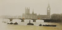 Lot 370 - Anthony Robert Klitz (1917-2000)
VIEW OF THE HOUSES OF PARLIAMENT FROM ACROSS THE THAMES
Signed l.r.