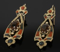 Lot 298 - A pair of Victorian rolled gold citrine and Scottish hardstone drop earrings