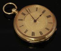 Lot 589 - A Swiss open-faced 18ct gold key wound pocket watch