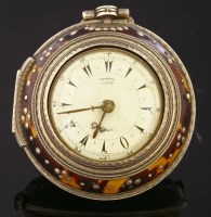 Lot 583 - A sterling silver tortoiseshell piqué key wound triple cased pocket watch