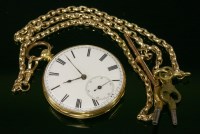 Lot 586 - A gold open-faced key wound pocket watch