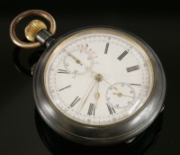 Lot 605 - A gunmetal Mensor double-sided open-faced chronograph tachymeter pocket watch