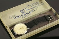 Lot 611 - A gentlemen's stainless steel Universal Genève mechanical strap watch