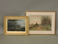Lot 326 - William Carr
RURAL COTTAGES WITH HILLS BEYOND
Signed and dated 1871
31 x 49cm; and
H C Fox(?)
DRIVING SHEEP ALONG A COUNTRY LANE
Signed and dated 1912