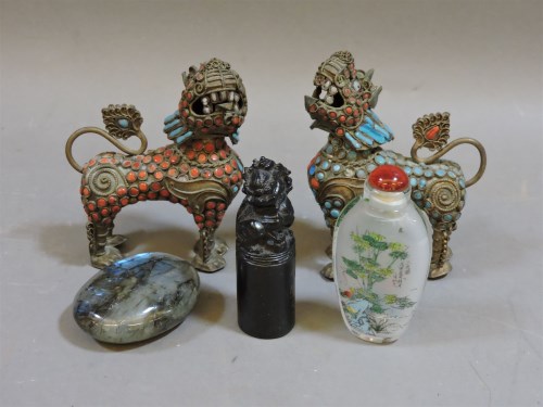 Lot 67 - A pair of Chinese metal and enamel Buddhistic lions