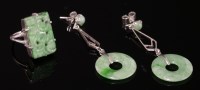 Lot 447 - A pair of Art Deco jade drop earrings