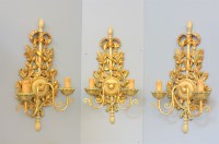 Lot 166 - A set of three modern green and gilt painted twin branch wall lights