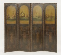 Lot 485 - A painted and leather four-fold dressing screen