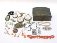 Lot 65 - A metal casket of jewellery and pocket watches