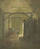 Lot 294 - George Harrison (early 20th century)
A BARN INTERIOR WITH A FIGURE CUTTING TURNIPS
Signed l.r.