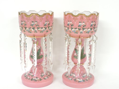 Lot 204 - A pair of Victorian pink opaque glass lustres
