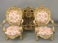 Lot 495 - Three large gilt framed upholstered chairs