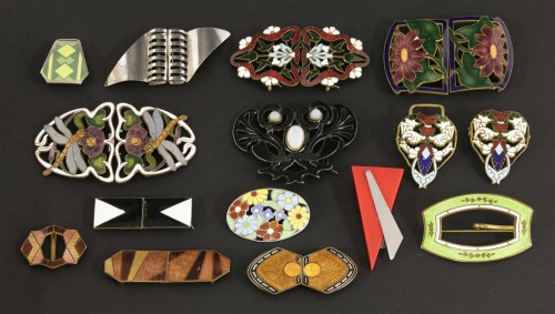 Lot 13 - A collection of Edwardian and Art Deco enamel buckles