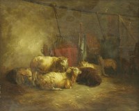 Lot 419 - Follower of Charles Emile Jacque
SHEEP IN A BARN
Indistinctly signed 'Pe...' and dated '61 l.r.