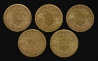 Lot 102 - Five Swiss 20 franc gold coins