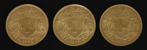 Lot 102 - Three Swiss 20 franc gold coins