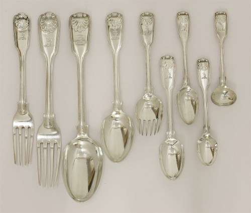 Lot 77 - A Victorian silver fiddle thread and shell pattern flatware service